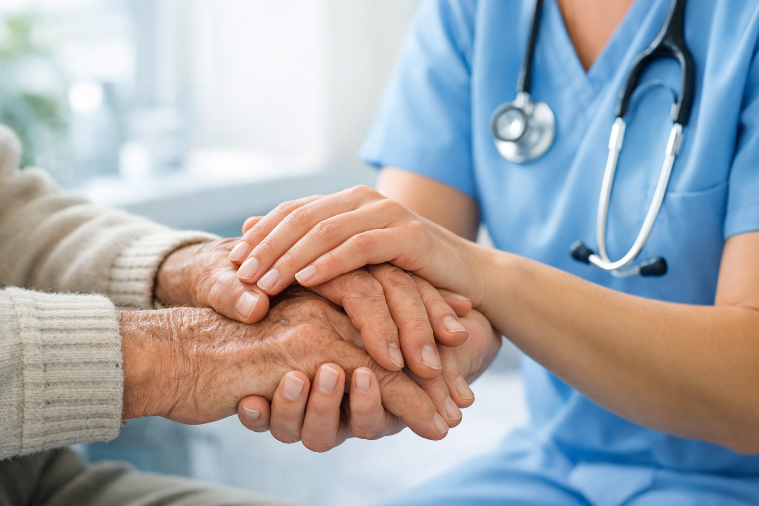 close up of elderly mans hands being held and comforted by nurse in bright medical setting-1