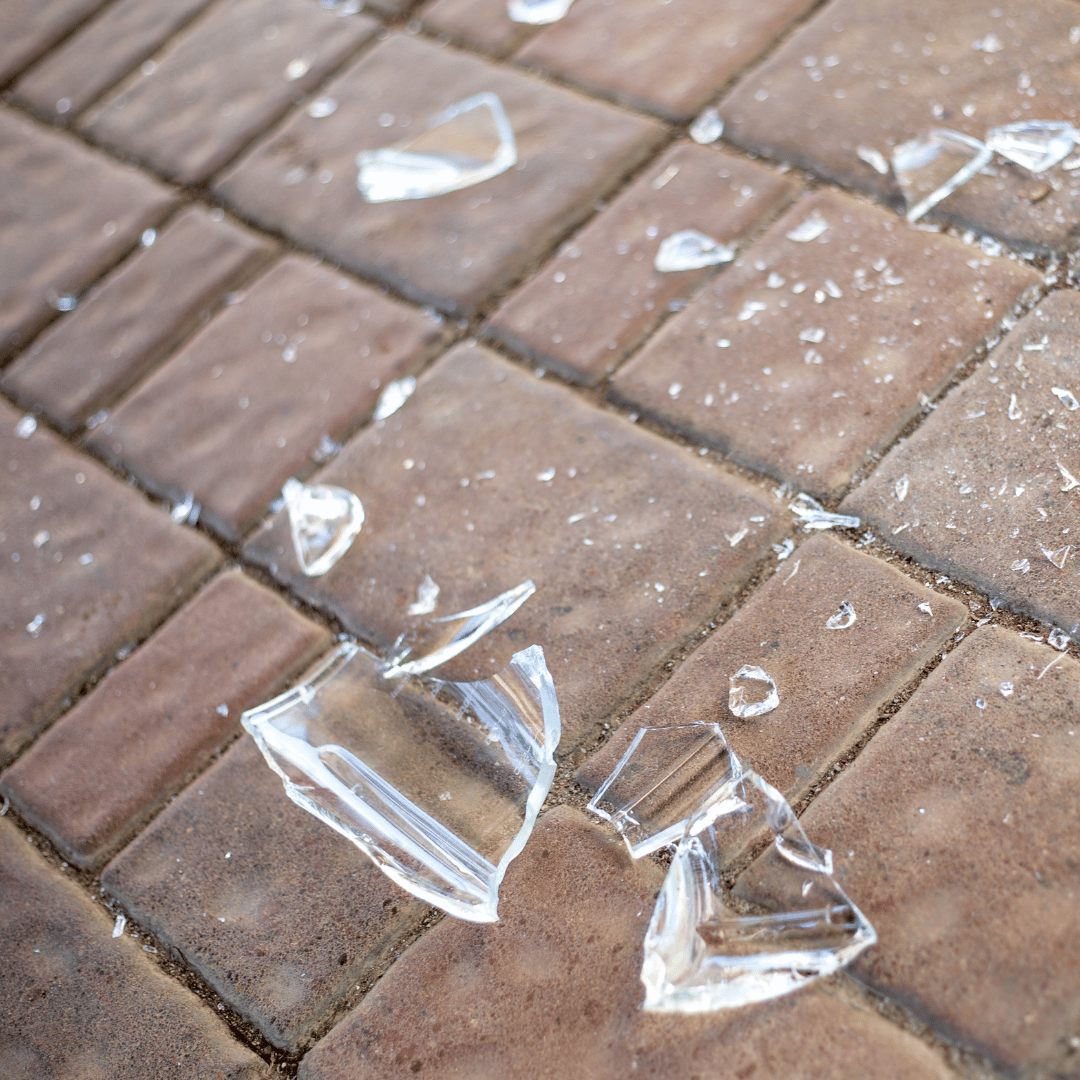 Broken glass on restaurant floor